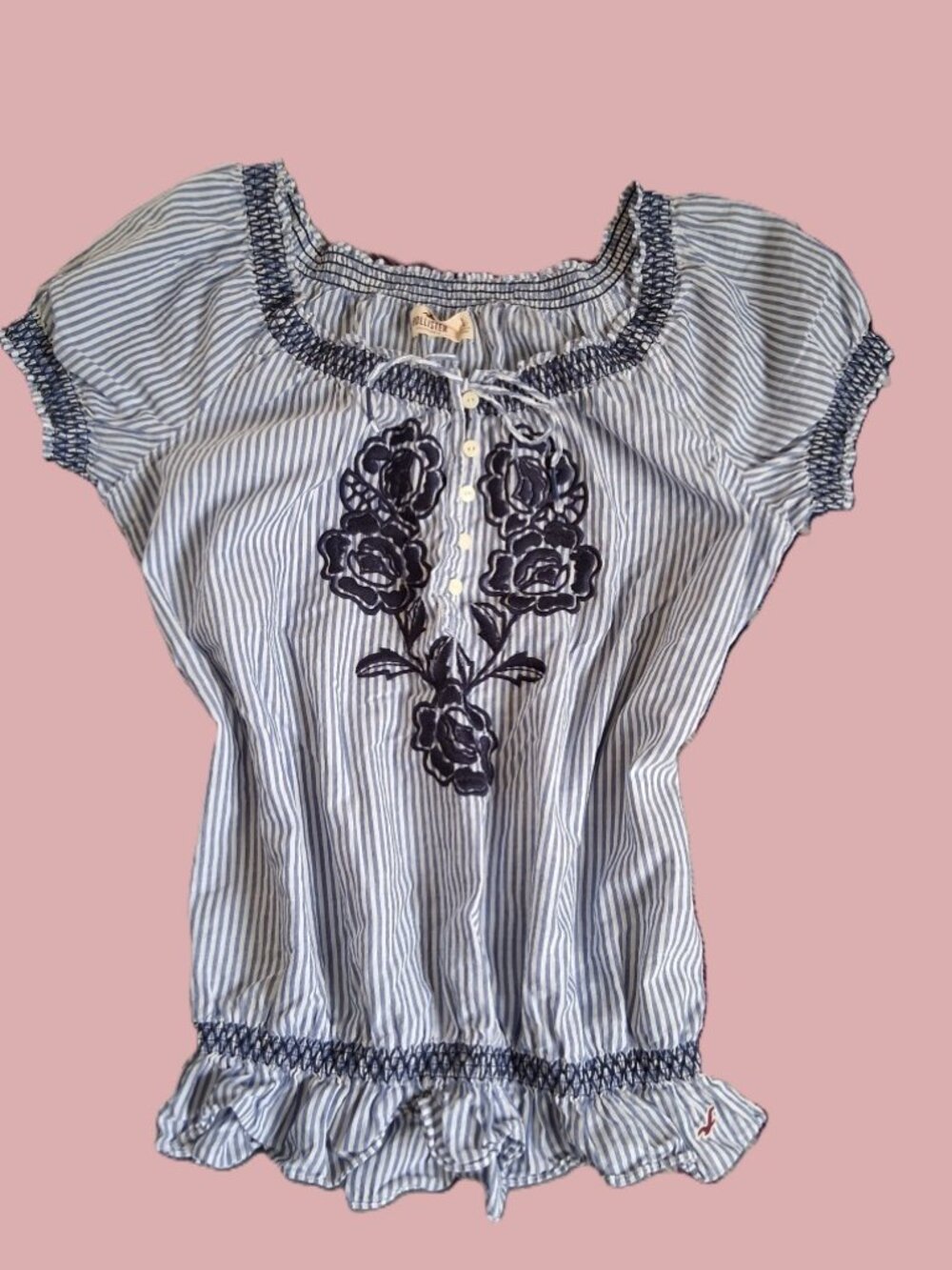 Women's Hollister Blue and White Stripe Smocked Top